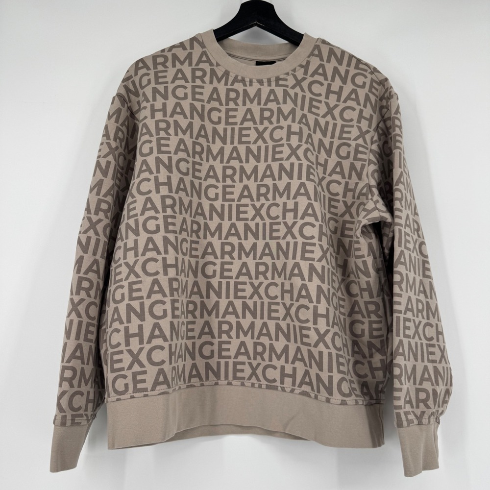 Armani Exchange AX Mens Small Tan All Over Logo Print Crewneck Sweatshirt - Picture 2 of 9